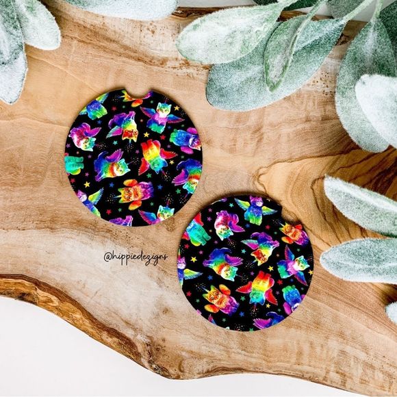 Unicorn Kitty Car Coaster Set |  Tie Dye Cat Coaster Set | Rainbow Cat Decor - Picture 1 of 9